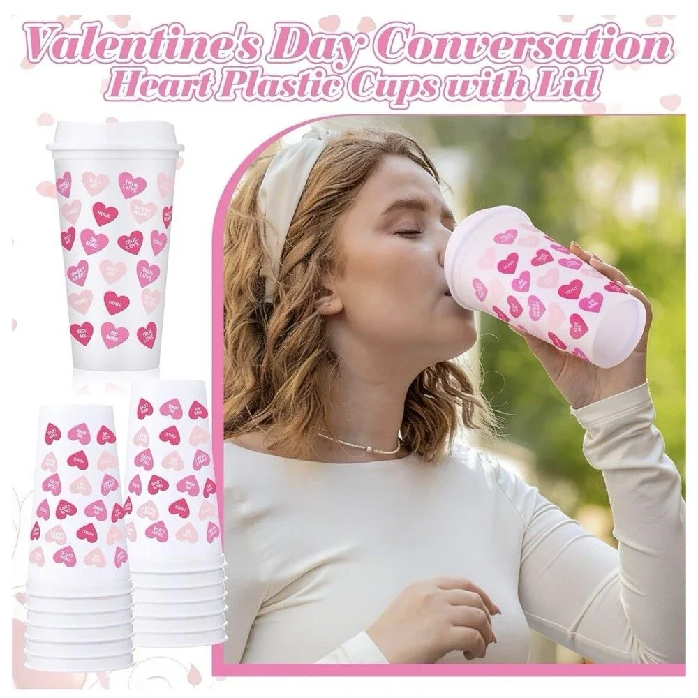 Bokon 12 Pcs Valentine's Day Cups with Lids Conversation Heart Cups 16oz